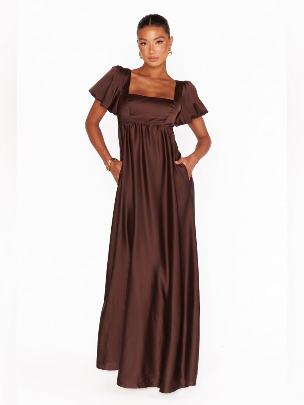 Show Me Your Mumu Brown Satin Maxi Dress